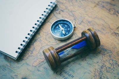 High angle view of blue objects on table