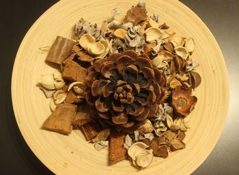 High angle view of mushrooms on table