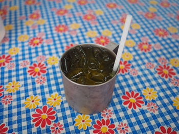 High angle view of drink on table
