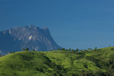 Scenic view of mountains against clear blue sky