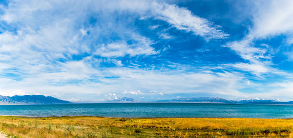 Scenic view of lake against cloudy sky