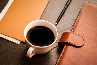 High angle view of coffee on table