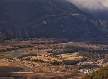 Aerial view of field by river against sky