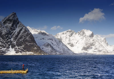 Scenic view of snowcapped mountains by sea against sky