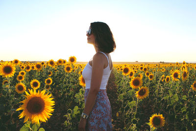 Woman standing on sunflower field