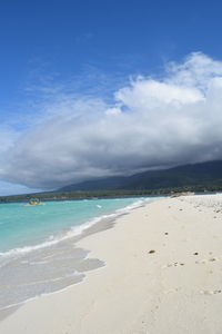 Scenic view of beach against blue sky