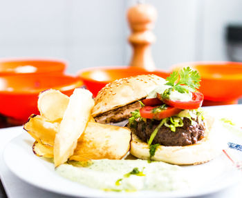 Close-up of food served on table