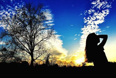 Silhouette bare trees on field against sky at sunset