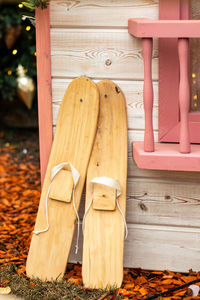 High angle view of shoes on wooden bench