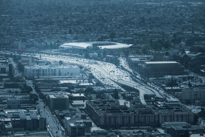 High angle view of street and buildings in city