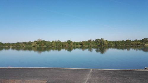 Scenic view of lake against clear blue sky