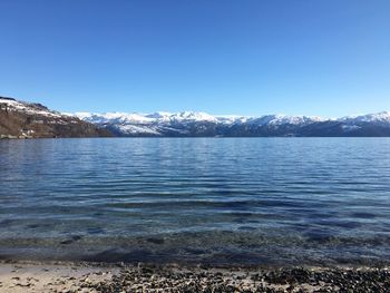 Scenic view of calm sea against clear blue sky