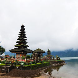 Temple by building against sky