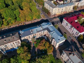 High angle view of street amidst buildings in city