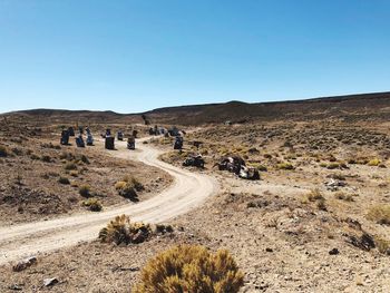 Scenic view of desert against clear blue sky