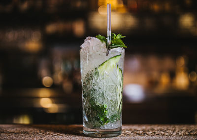 Close-up of mint drink on table