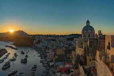 High angle view of city at sunset