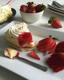 Close-up of strawberry cake served on plate