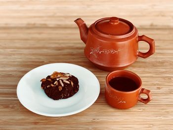 High angle view of breakfast and coffee on table