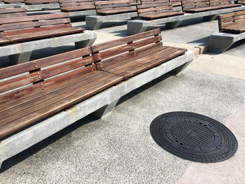 High angle view of empty benches on footpath