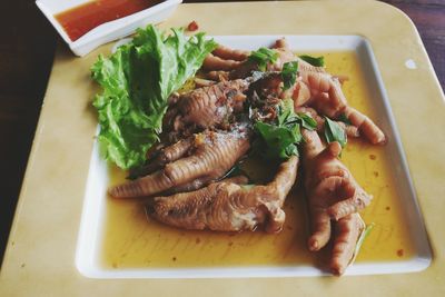 High angle view of food in plate on table