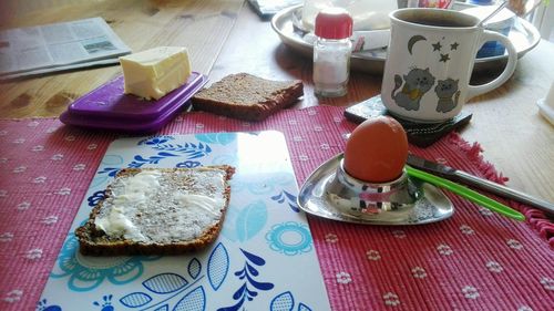 High angle view of breakfast on table