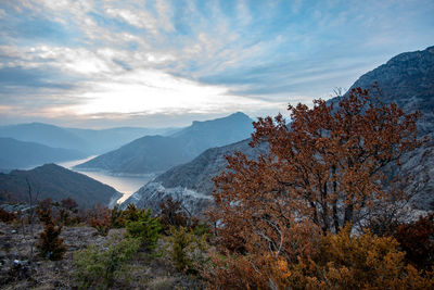 Scenic view of mountains against sky during autumn