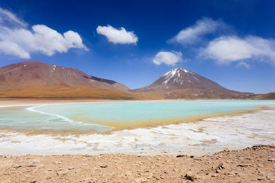 Scenic view of snowcapped mountains against blue sky