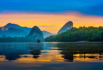 Scenic view of lake against sky during sunset