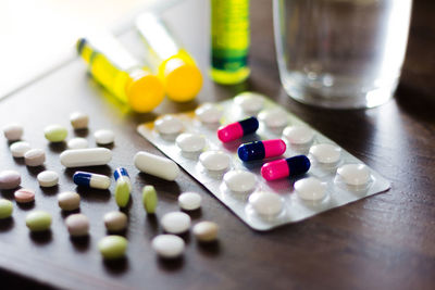 High angle view pills on table