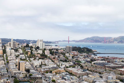 Aerial view of city and buildings against sky