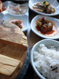 High angle view of food served on table