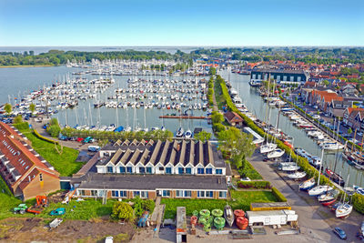 Aerial from the harbor and city monnickendam at the gouwzee in the netherlands