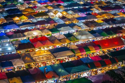 High angle view of illuminated lanterns hanging at night