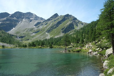 Scenic view of lake and mountains against sky