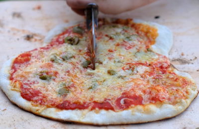 High angle view of pizza on table