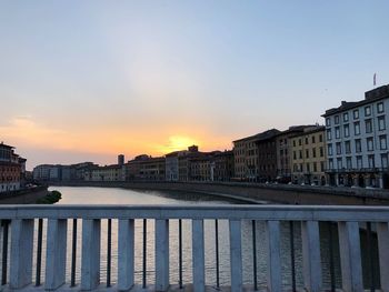 Buildings in city at sunset