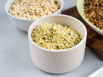 High angle view of rice in bowl on table