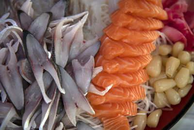 High angle view of chopped fish in plate