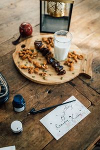 High angle view of ramadan food on table. ramadan style and ramadan kareem