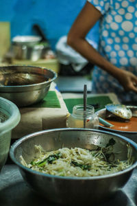 High angle view of soup in bowl on table
