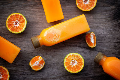 High angle view of orange slices on table