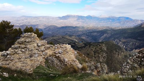 Scenic view of mountains against cloudy sky