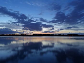 Scenic view of lake against sky at sunset