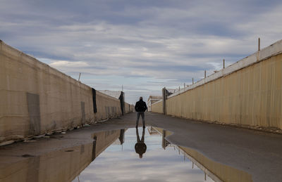 Rear view of adult man standing on country road with plastic greenhouses in almeria, spain