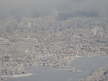 High angle view of snowcapped landscape against sky