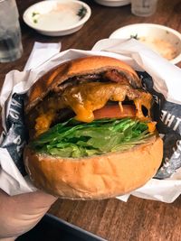 Close-up of burger on table