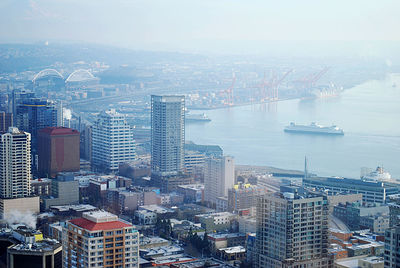 High angle view of buildings in city. seattle waterfront cityscape. view from space needle.
