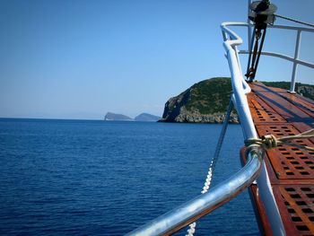 Scenic view of sea against clear blue sky