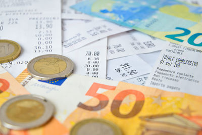 High angle view of text on shelf